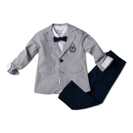 Costum Preppy Chic pentru Băieți cu Jachetă Gri în Dungi