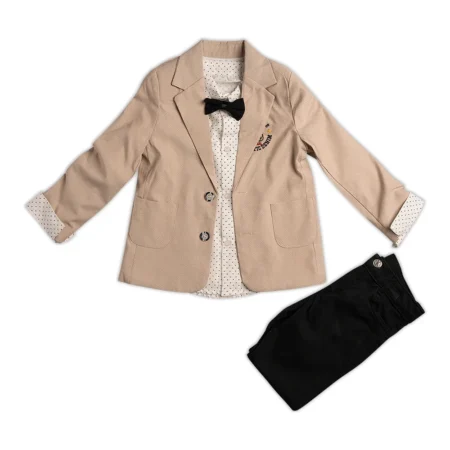 Costum Elegant pentru Băieți cu Sacou Bej și Cămașă cu Papion