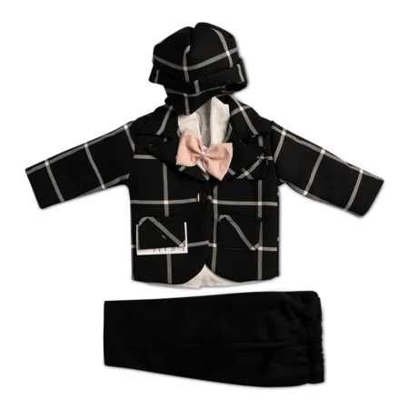 Costum Elegant pentru Bebelusi cu Sacou în Carouri cu Papion Roz