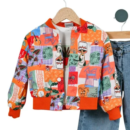Set pentru Fetițe cu Jachetă în Nuanțe de Portocaliu, Tricou și Blugi