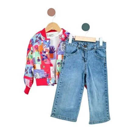 Set pentru Fetițe cu Jachetă în Nuanțe de Roz Aprins, Tricou și Blugi