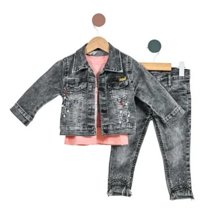 Set din Denim Negru pentru Fete 2+ Ani Modern Chic din 3 Piese: Jachetă, Blugi și Tricou Bumbac