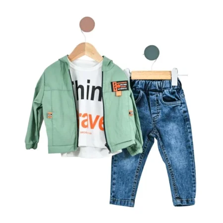 Set Casual Modern pentru Bebeluș Băiat din 3 Piese, cu Jachetă Verde Impermeabilă cu Glugă