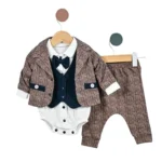 Set Bebeluși Băieți Elegant, Tweed în Nuanțe Maro Închis cu Cămașă Body