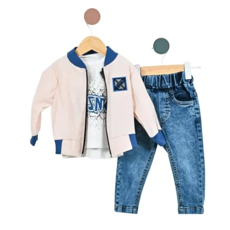 Set Casual Modern pentru Bebeluș Băiat din 3 Piese cu Jachetă Chic fără Glugă