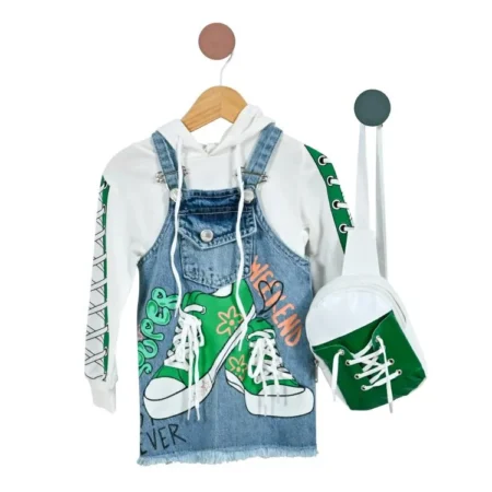 Set pentru Fete 2+ Ani cu Sarafan din Denim, Hanorac cu Glugă și Accesoriu Gentuță