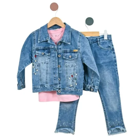 Set din Denim pentru Fete 2+ Ani Modern Chic din 3 Piese: Jachetă, Blugi și Tricou Bumbac