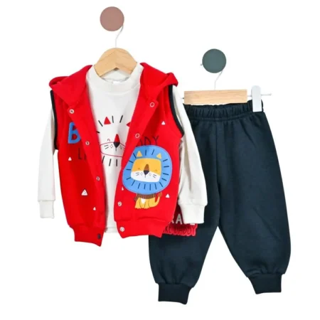 Set Bebeluș Băiat Chic din 3 Piese cu Vestă Roșie cu Glugă