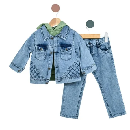 Set Denim Albastru și Hanorac cu Glugă din 3 Piese pentru Baieti 2+ Ani
