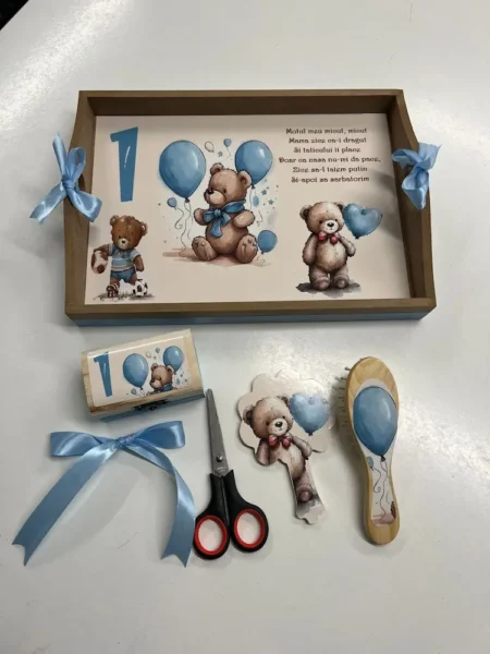 Tava Mot Baiat Personalizata, Design cu Urs si Baloane Albastre