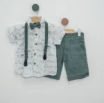 Set de vară băiat 1-4 ani, compus din: pantalon lung cu bretele, cămașă cu mânecă scurtă, papion