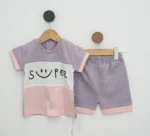 Compleu fetiță mov și roz cu tricou și pantaloni scurți