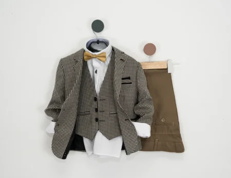 Costum băieți 1-5 ani, Bej, cu Cămașă, Vestă și Papion