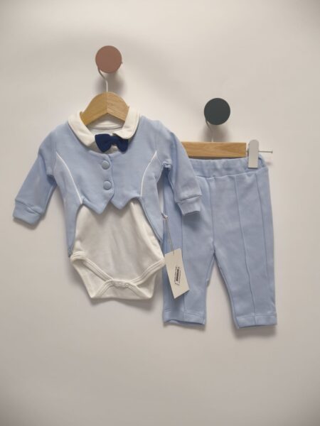 Costum Bebe Albastru cu Body, Bluză și Pantalon